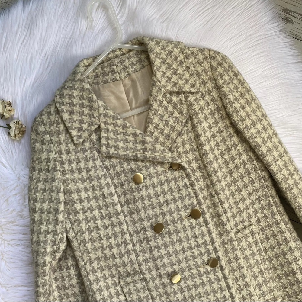 Vintage JR Bazaar Houndstooth Wool Coat Double Breasted Womans Medium 60s - Picture 7 of 10